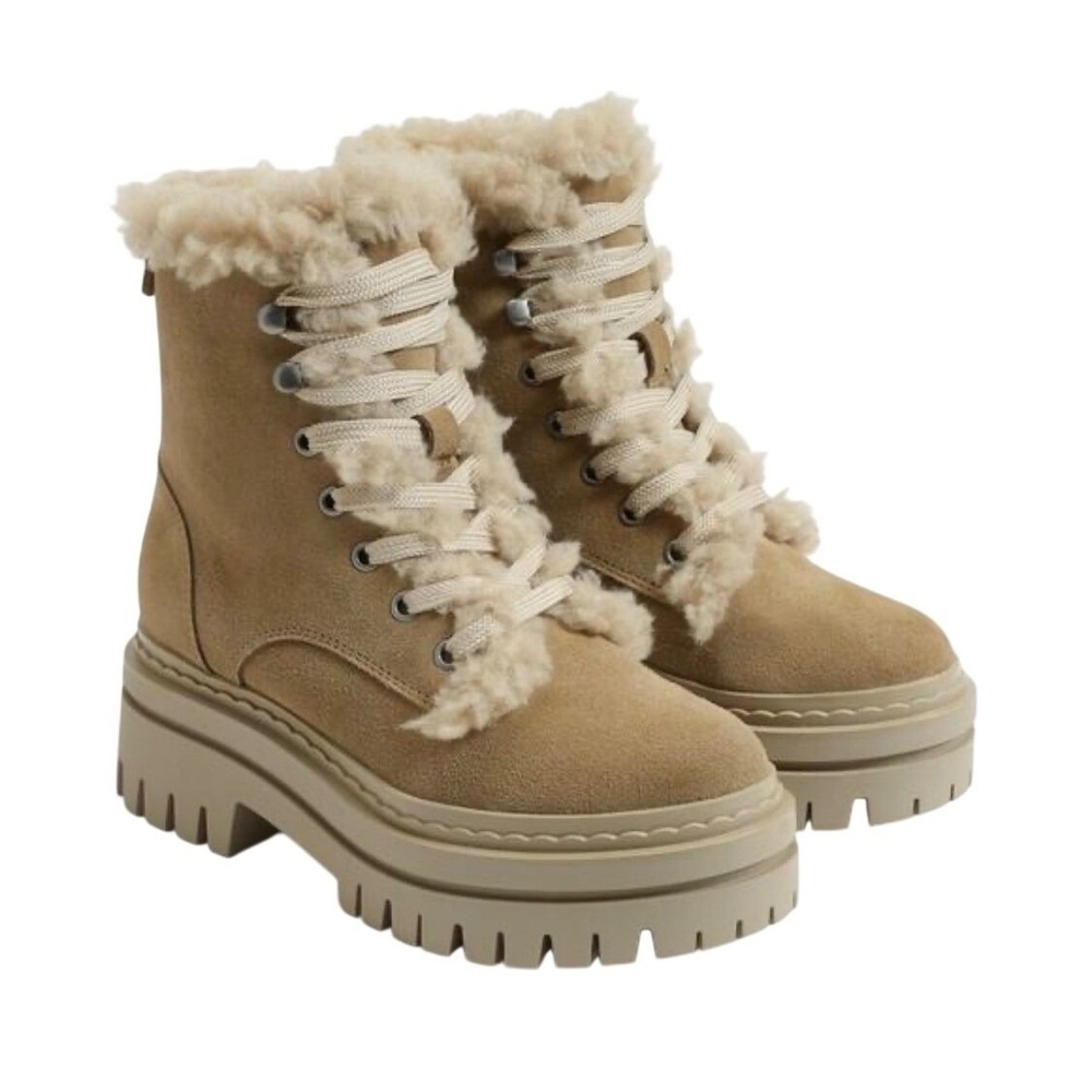 Sam Edelman Tan Suede Faux Fur Lug Sole Combat Boots Sesame Size 9.5